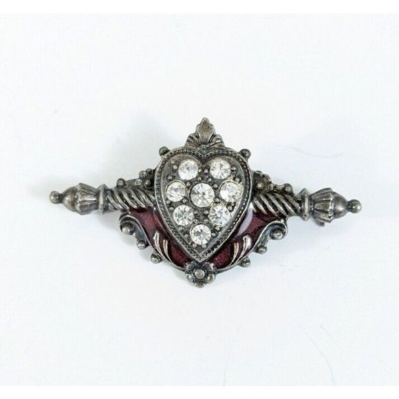 Heart And Rod Rhinestone Victorian Revival Brooch Pin - red enamel silver toned - Picture 1 of 5